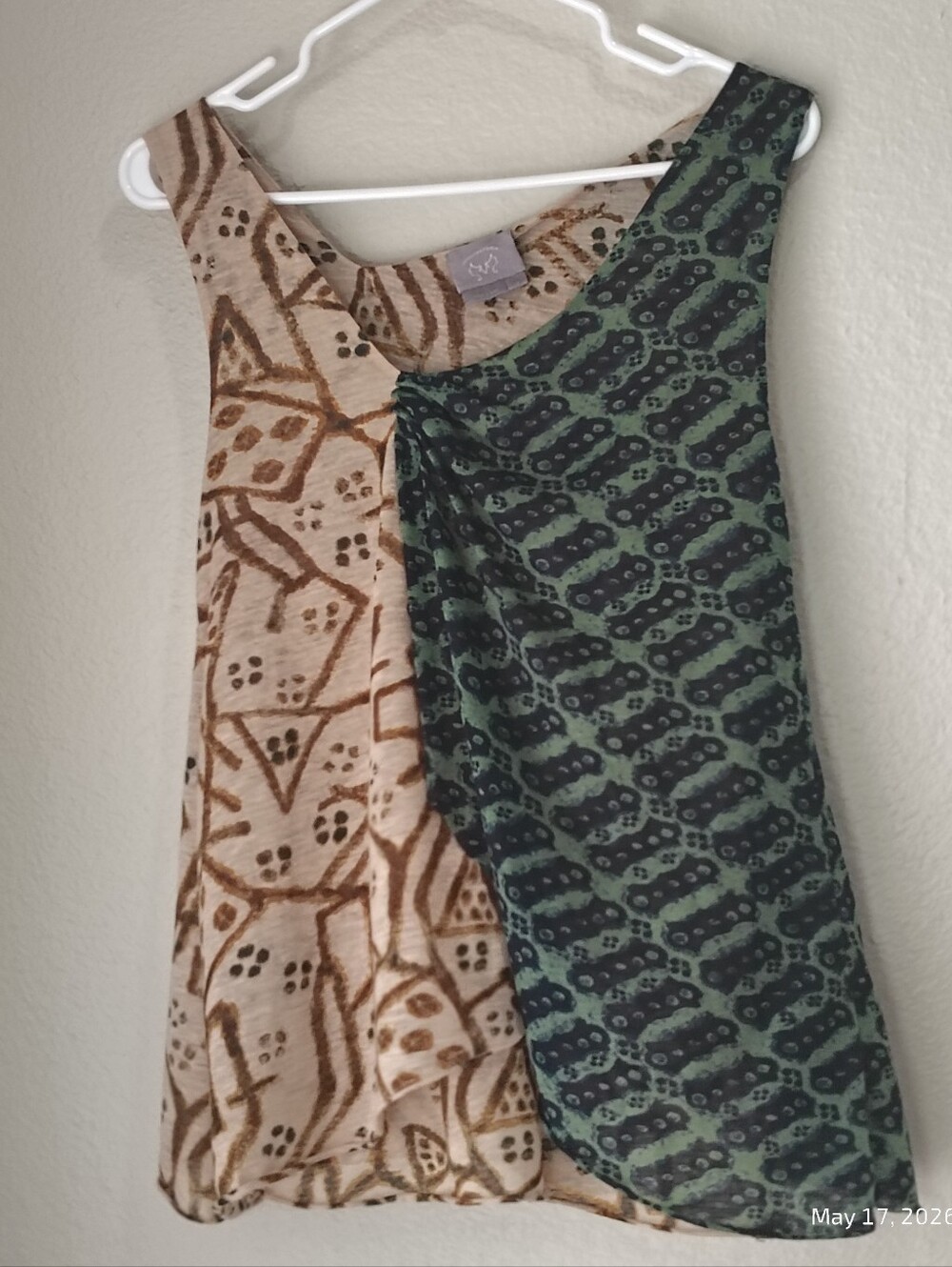 Anthropologie Vanessa Virginia Green Tan Batik Tank Size S ARTSY LAGENLOOK BOHO